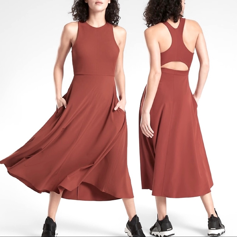 Athleta Rust Red Midi Dress with Pocket Skirt